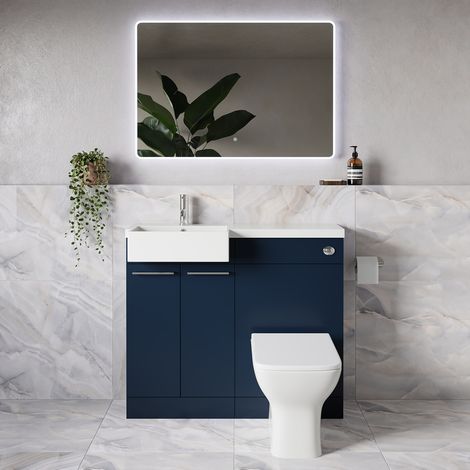 Napoli 250 Deep Blue 1000mm 2 Door Vanity Unit Toilet Suite with Left Hand Square Rico Semi Recessed Basin - 1000mm - Chrome 160mm HandleWith Kingston Toilet Pan and Seat