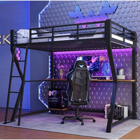 Cama alta juvenil con escritorio y LED negra OKMYHOME (1/5)