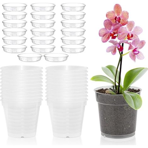 Orchid Pot, 20 Pieces Transparent Orchid Pot, 11.5 cm Transparent Orchid Pot, Transparent Pot with Drainage Holes and Saucers, Flower Pot for Balcony Office, Indoor, Outdoor (1/5)