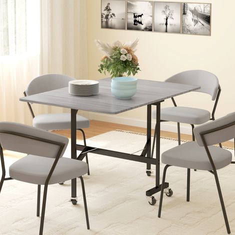 Table à Manger Pliante sur Roulettes pour 4-6 Personnes 120 cm, Roues avec Freins, 2 Abattants, Style Industriel, Gris (1/5)