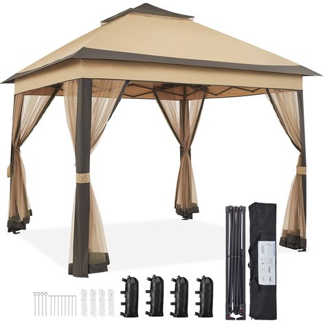 Yaheetech Carpa Cenador de Jardín 3.3x3.3m Cornisa Extendida con 4 Mosquiteras Laterales Cremallera Altura Ajustable de 271-291cm Color Caqui/Marrón