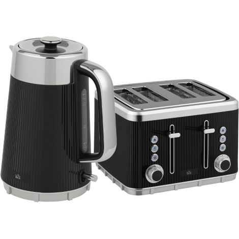 3000W Electric Stainless Steel Kettle and Toaster Set, Fast Boil 1.7L Kettle with Limescale Filter, 4 Slice Toaster with 7 Browning Levels, Black