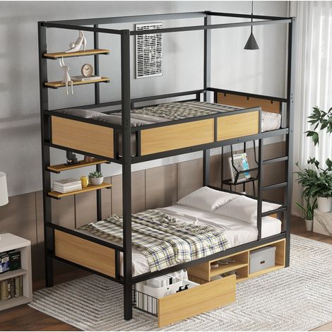 Letto a castello 90x200 cm nero naturale in metallo e MDF con vani portaoggetti (1/4)
