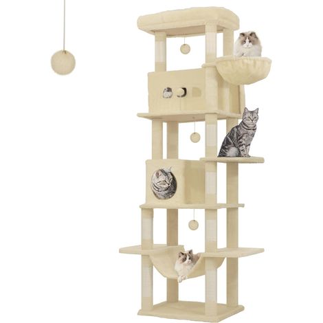 210 cm Grand Arbre à Chat, Tour à Chat pour Chats d'intérieur, avec Grand Perchoir, Tapis Lavable, 2 Niches Chats, 8 Griffoirs, Hamac, Pompons, Beige MS21018YL (1/5)