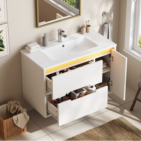 Mueble lavabo suspendido de 81 cm blanco con lavabo cerámico, 2 cajones, armario con estantes ajustables, puertas soft-close y LED con app – CHICFURN para baño (1/5)