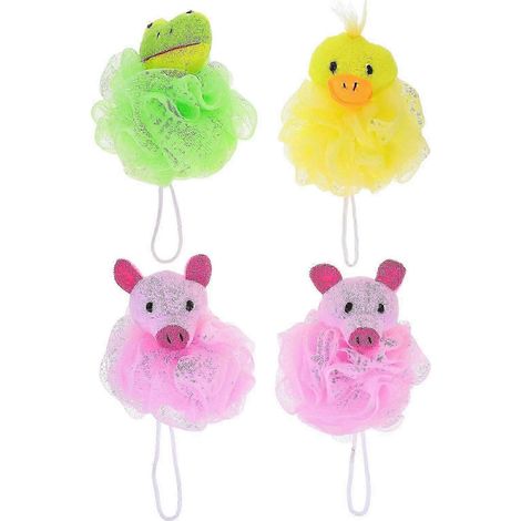 Boule de bain en forme d'animal de dessin animé, éponge de bain compatible avec la douche, lot de 4 éponges de couleurs assorties