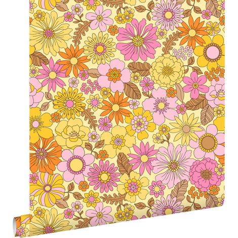 papier peint fleurs rétro jaune, rose et orange - ESTAhome (1/5)