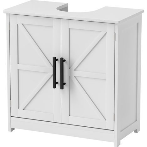 Waschtischunterschrank, 60 x 30 x 60 cm, weiß, mit 2 magnetischen Schiebetüren, im Scheunentor-Stil und Ablagen (1/5)