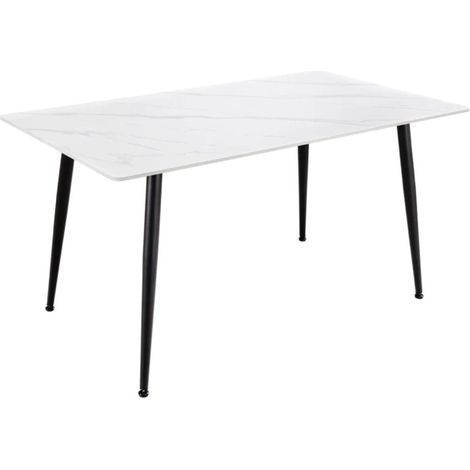 Table de salle à manger HEXA 140 cm en céramique effet marbre blanc et métal noir – 6 places (1/5)