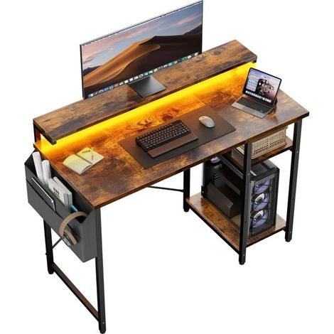 ECOFURNIX - Bureau informatique minimaliste - Bois d'ingénierie - Marron - 2 niveaux - 100 x 48 cm