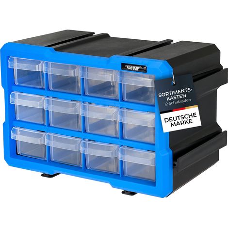 HMF Sortierbox für Kleinteile mit 12 Schubladen, erweiterbarer Sortimentskasten für Schrauben und Werkzeug, 24 Fächer, 29,5 x 19,5 x 16 cm, Blau-Schwarz