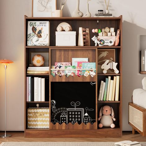 Librería 120 x 38,5 x 151,5 cm - con pizarra - puertas correderas y estante abierto con 9 compartimentos - nogal (1/5)