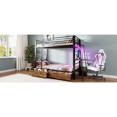 Hochbett 237x95x170 cm mit Schreibtisch, LED Lichtleiste, Stauraumschubladen, Metall und MDF, Schwarz (1/5)