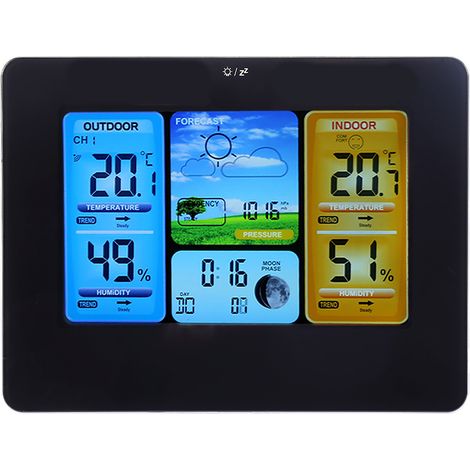 Station météo numérique sans fil LCD avec horloge, thermomètre, humidité intérieure et extérieure (noire)