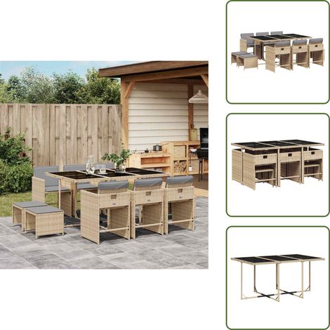 Mesa de jardín - vidaXL Set comedor de jardín 11 pzas con cojines ratán sintético beige - Muebles de exterior