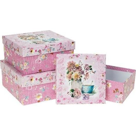 Quadratische Schachtel, 3 Stück rosa Rosetten
