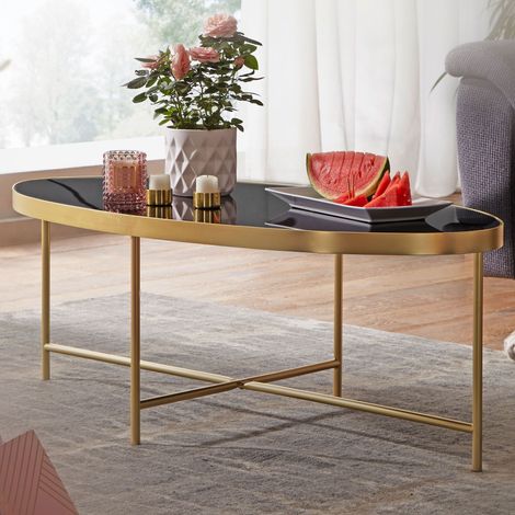 Table basse ovale 110x56x40 en verre et métal noir et doré (1/5)