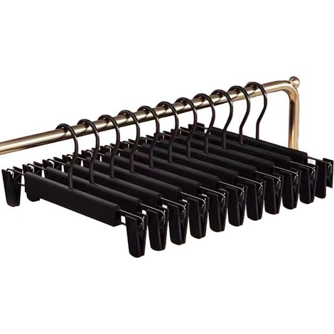 Lot de 11 cintres à pinces antidérapants avec deux supports réglables pour pantalons jupes manteaux et vêtements couleur noire (1/5)