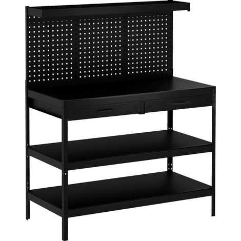 Werkbank mit Lochwand, 2 Schubladen und verstellbaren Regalen, 122 x 61 x 156 cm, Schwarz (1/5)