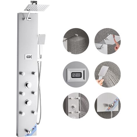 Colonne de douche avec pommeau de douche effet pluie, système de panneau de douchette mural haute pression acier inox brossé 124 cm, robinet 4 fonctions, avec 6 jets corporels, douchette à main (1/5)