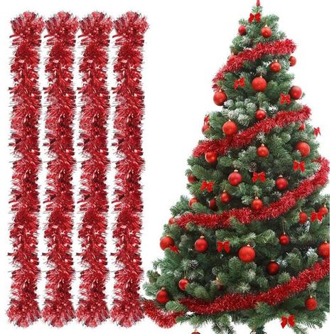 Guirlande de Noel Sapin, 4pcs Guirlandes Tinsel Noël, Guirlande Sapin 2m, pour Fête Murs Fenêtres Sapin Decoration Noël - Rouge (1/5)
