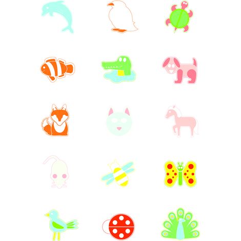 Planche de pictogrammes, 25 motifs, série autocollante, animaux, L : 60 mm H : 41 mm