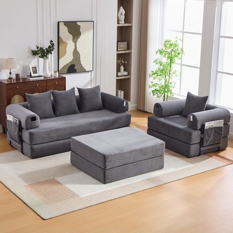 Sofá modular 4 plazas con otomana 200x94x67 cm gris oscuro en pana con estructura metálica y bolsillo lateral (1/5)