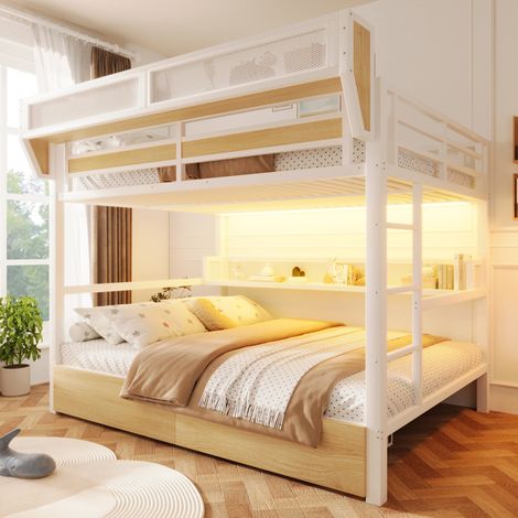 Letto a castello 140 x 200 cm con contenitori e LED, metallo e MDF, bianco OKMYHOME (1/5)