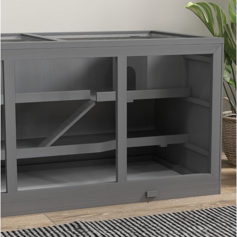 Cage pour petits animaux en bois gris à plusieurs niveaux, avec toit ouvrant verrouillable et plateau amovible facile à nettoyer, 115 x 57 x 55 cm - CHICFURN (1/5)