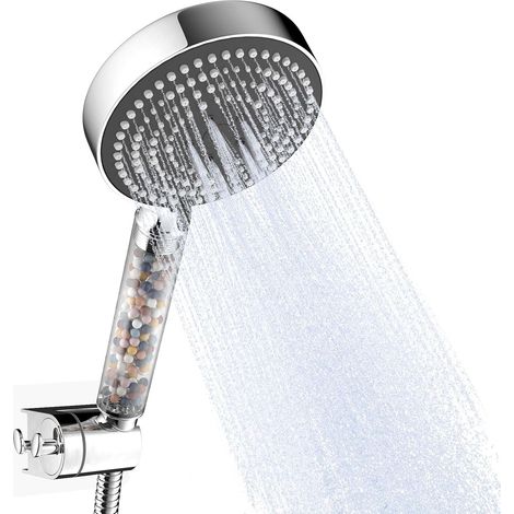 Pommeau de Douche avec Flexible de Douche de 1,6 m et Support, Pommeau Douche Anti Calcaire avec 6 Modes de Jet, Pomme de Douche Filtrant, Douchette, Panneau Avant Gris (1/5)
