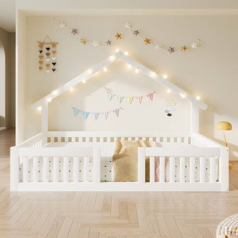 Lit cabane bois massif 90x200 cm avec barrière de protection, guirlande LED incluse, sommier bas sécurité enfant, blanc (1/5)
