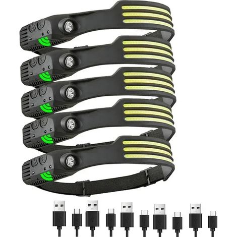 (5 pièces) Lampe frontale puissante à induction LED COB avec batterie intégrée et rechargeable par USB, idéale pour le camping, la pêche et le vélo en extérieur. (1/5)