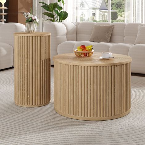 Tables basses rondes 2 pièces motif rayé naturel (1/5)