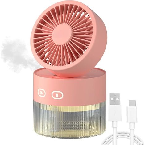 Ventilateur humidificateur portable 350ml USB rechargeable 3 vitesses, mini brumisateur pour bureau et maison,Rose (1/5)