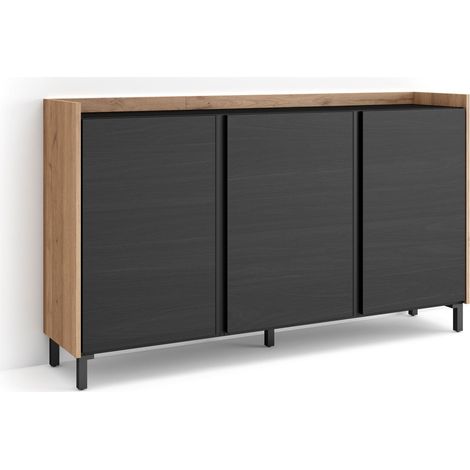 Skraut Home - Credenza, Mobile, Cucina, Madia, mobile ingresso, 156x35x91cm, 3 Porte, Design industriale, LED, Stile moderno, Nero e rovere (1/5)