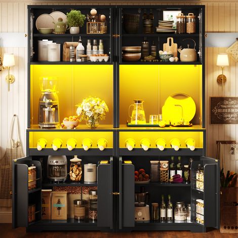 Aparador buffet doble (140x38.3x180 cm), set de 2, con luces LED RGB, puertas de vidrio, MDF y metal negro (1/5)