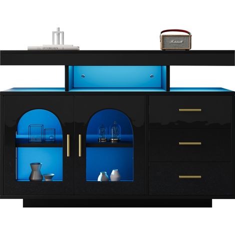 Buffet noir brillant 120 cm avec LED, meuble bar à café avec 3 tiroirs, 2 portes en acrylique et rangements ouverts (1/5)