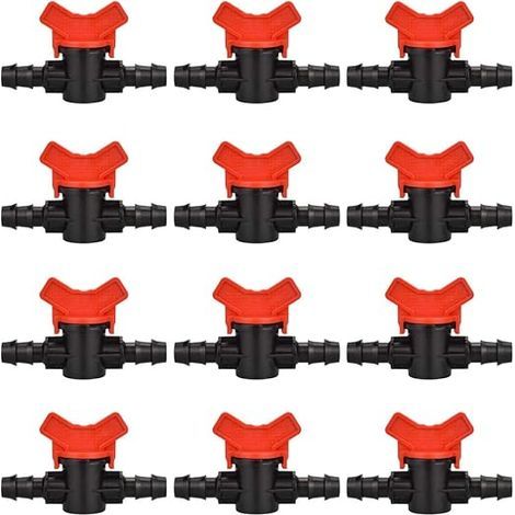 12PCS Garden Hose Tap, Hose Irrigation Valve 16 x 16mm Plastic Shut Off Valve Connector for Outdoor Garden Water Valve Control (Black + Red)