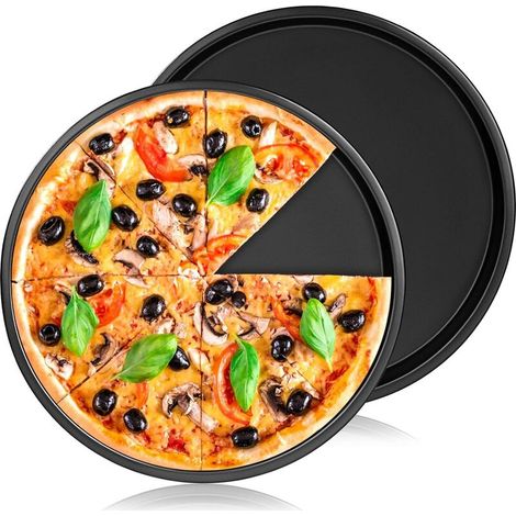 2PCS Moule à Pizza Rond de 22cm, Acier au Carbone avec Revêtement Anti-adhésif Plaques de Cuisson pour Pizza Plat à Tarte Moule à Quiche