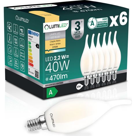 6x LED-Lampe E14 Kerze BA35 2,2 W 470 lm = 40 W 2700 K warmweiß 360° Glühfaden Klasse A LUMILED