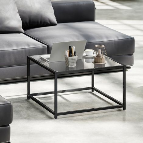 Table de chevet,table de chevet carrée avec plateau en verre trempé,table basse avec pieds en acier 68 x 68 x 39 cm Noir