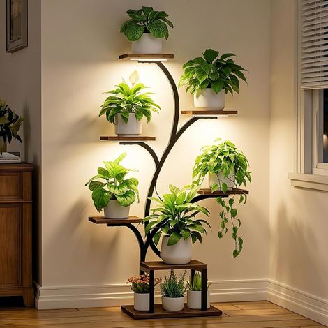 Support pour plantes d'intérieur avec lampes de croissance, étagère d'intérieur à 7 niveaux, supports d'angle pour plantes d'intérieur, étagères en métal en forme d'arbre pour la maison (1/5)