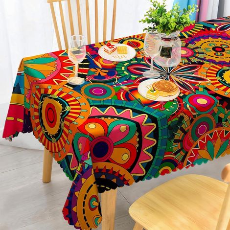Rechteckige Tischdecke 140x200 cm Wetterfest Boho Mandala Muster für 4-6 Personen