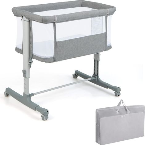 COSTWAY 3 en 1 Lit Cododo Bébé avec Matelas & 5 Hauteur Réglable, Lit Bébé Evolutif avec Inclinaison 3-8°, Roues avec Frein, Sac de Transport, Charge 9kg pour 0-6 Mois, 84x48x80cm(Gris Clair) (1/5)