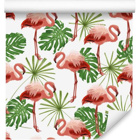 Papier peint flamants roses, feuillage vert et nature pour salon et chambre 50x1000 cm (1/5)