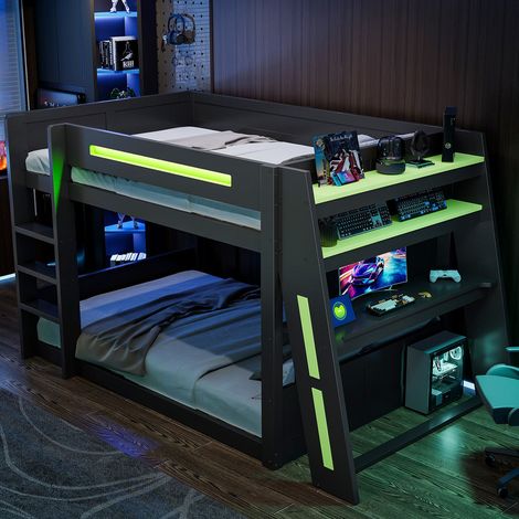 Lit Mezzanine 140x200 cm avec Bureau et 2 étagères, Lit Enfant en Bois, Lit superposé gaming avec LED et USB, Lit en Hauteur avec Balustrade, Noir (1/5)