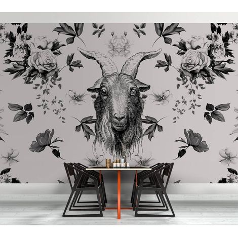 Papier peint panoramique animaux noir et blanc | Tapisserie panoramique à motifs roses | Papier peint panoramique fleuri - 270 x 500 cm (5 pièces) (1/4)