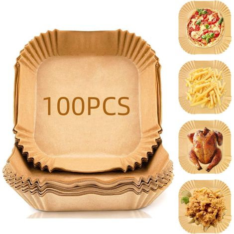 Papier sulfurisé antiadhésif jetable pour friteuse à air, 100 feuilles carrées de 16 cm de côté. (1/5)