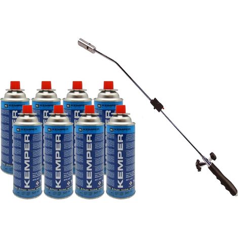 Kemper – Désherbeur thermique gaz avec 8 cartouches butane – Flamme réglable jusqu'à 1200°C – Poignée ergonomique – Usage jardin et extérieur