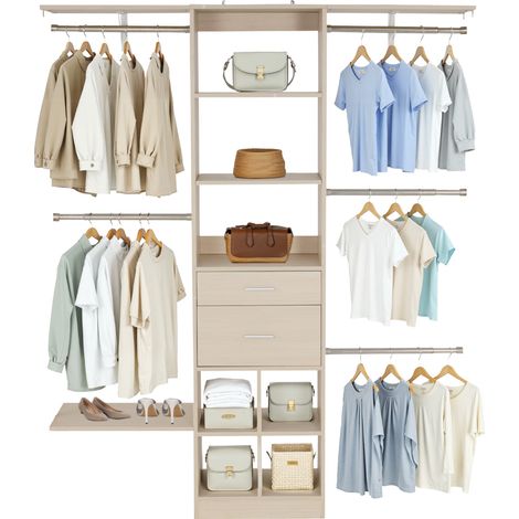 VEVOR Systeme de placard avec 2 tiroirs, systeme deorganisation de placard en bois a hauteur reglable, porte-vetements avec 5 tringles a vetements retractables, pour rangement de chambre, chene gris